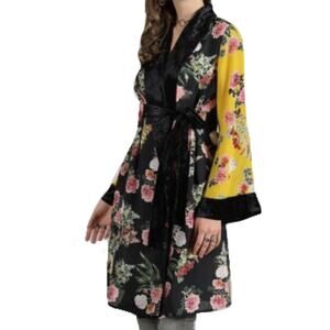NWOT SUZANNE BETRO Kimono Robe Cardigan 3X Floral Velour-Trim Belt-Long-Sleeve